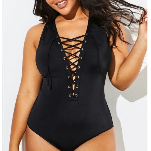 meet curve Other - Meet Curve Black Lace Up One Piece Swimsuit XL